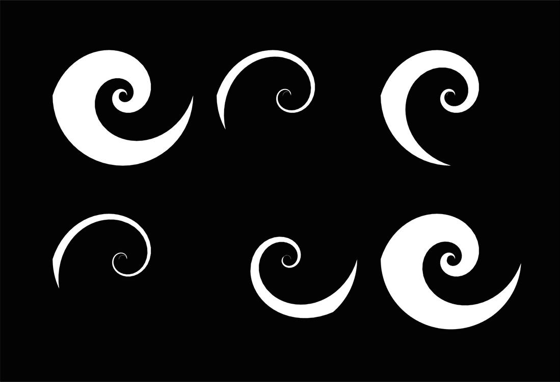 Sex vita spiraler på svart yta